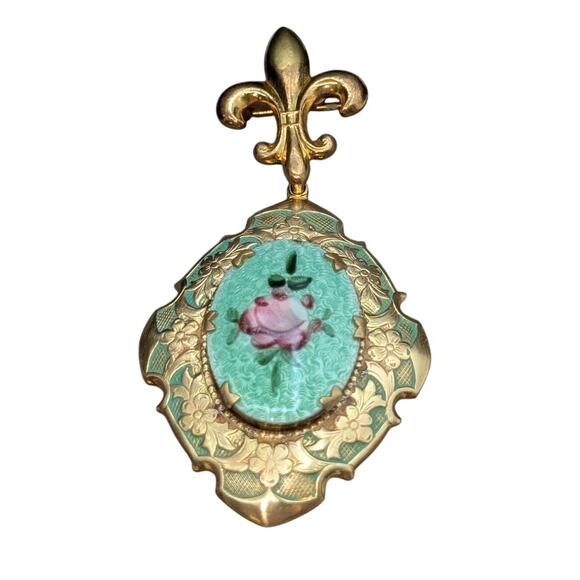 Vtg 1930s Guilloche Enamel Work Rose Design Fleur de Lis Locket Hanging Brooch - Picture 1 of 7